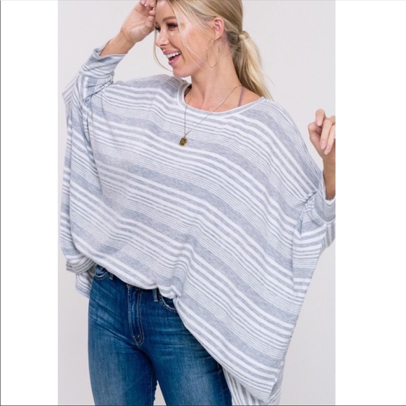 NEW!  LIGHT GREY STRIPED PULLOVER TOP - Picture 2 of 5